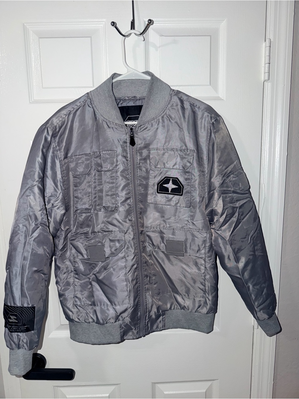 Time Space Men's Silver Gray Utility Bomber Jacket | Size Medium